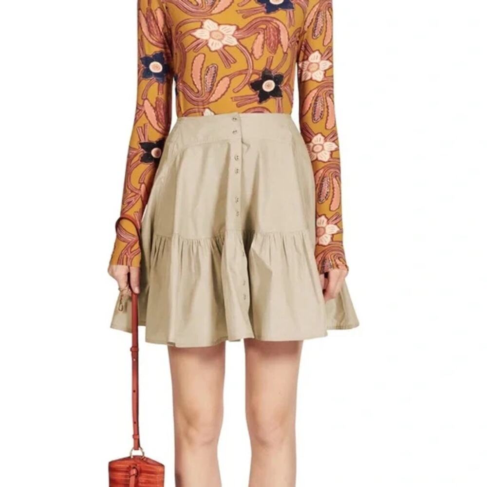 Ulla Johnson Skirt Womens 4 Tara Mini Tiered Khaki Dune‎ Tan Button